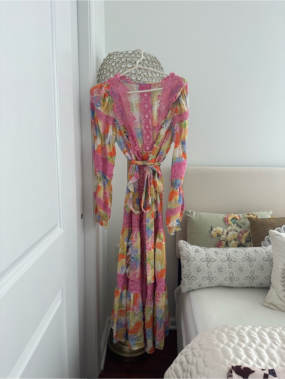 Bohemian Pink Multi-Color Floral Lace Trim Maxi open wrap cardigan Dress